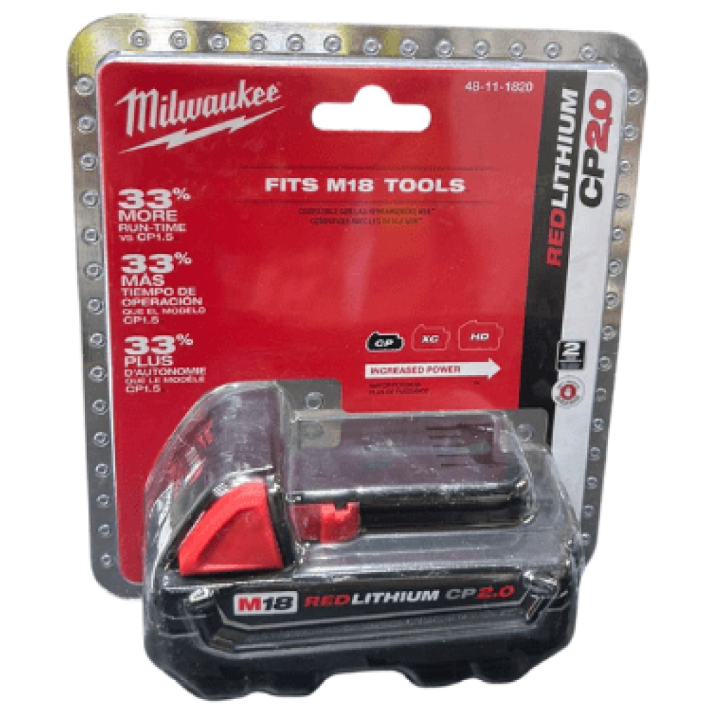 סוללת Milwaukee M18 Red Lithium CP2.0 באריזתה הקמעונאית, עם מידע על המוצר ומיתוג גלוי על כרטיס הבליסטר — כלי עבודה חיוני עבור מי שמעריך אמינות לצד מותגים כמו Dewalt.