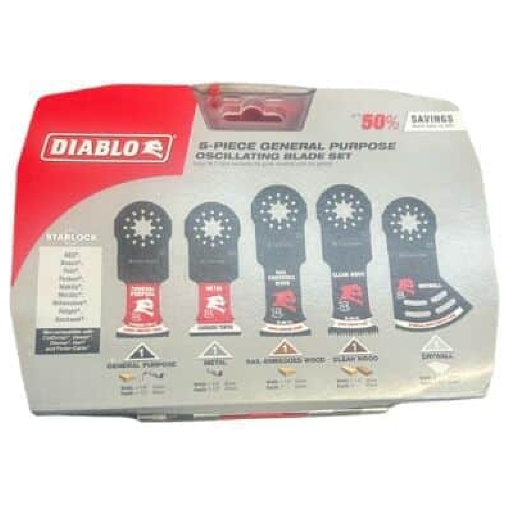 סט של 6 להבים מתנדנדים לשימוש כללי של Diablo באריזתו, המציג חמישה להבים שונים עם תיאורים, לוגו תאימות Starlock, ואידיאלי לשימוש עם כלי עבודה כמו דיוולט או מילווקי multitools.