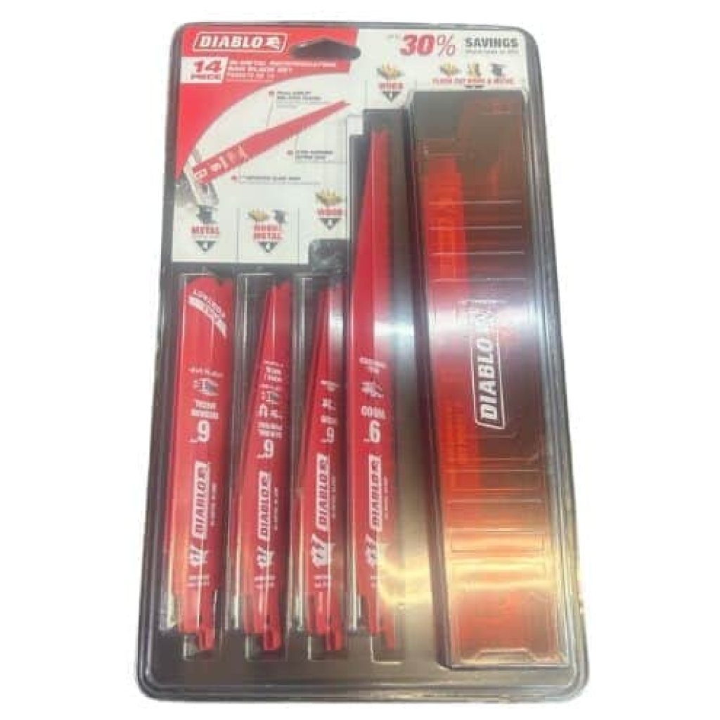 סט של 14 להבי מסור פנדל של Diablo באריזה אדומה, המציג מגוון גדלים וסוגים של להבים לחיתוך עץ ומתכת, תואם לכלי עבודה חשמליים כמו מקיטה ומילווקי, בתוספת מארז אחסון אדום בצד ימין.