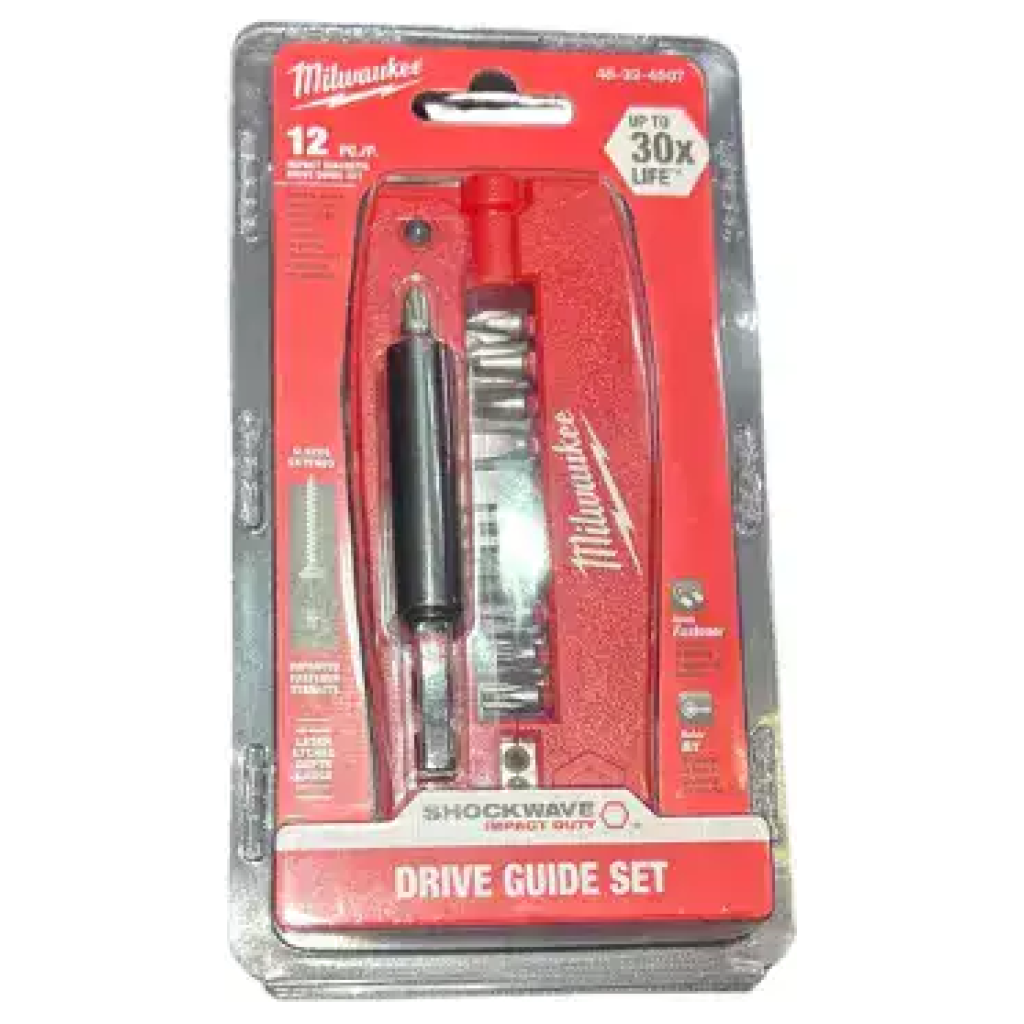 סט מברגים Milwaukee Shockwave 12 חלקים באריזה אדומה ושחורה, כולל מבחר ביטים למברגים וכלי הנחיה – מושלם לחובבי כלי עבודה וכלי עבודה חשמליים.
