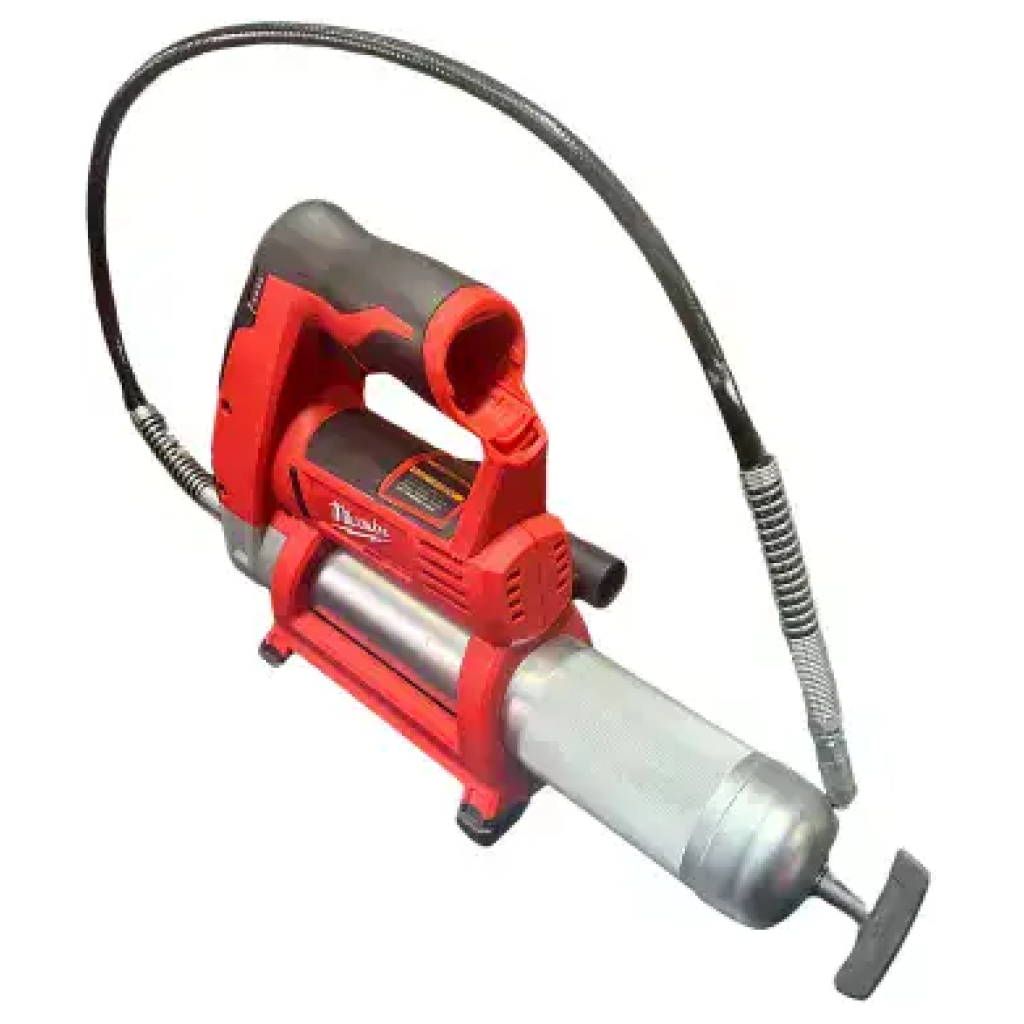 אקדח גריז אלחוטי בצבעי אדום וכסף מבית דיוולט, עם צינור גמיש בצבע שחור וידית ארגונומית, המיועד למשימות שימון יעילות. אידיאלי עבור מי שמחפש כלי עבודה חשמליים מקצועיים, מוצג על רקע לבן.