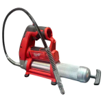 אקדח גריז אלחוטי של Milwaukee בצבעי אדום ושחור, עם צינור מתכת גמיש ומחסנית גלילית כסופה בבסיסו. כלי זה מתחרה במותגים מובילים כמו Dewalt ו-מקיטה מבחינת ביצועים ואמינות.