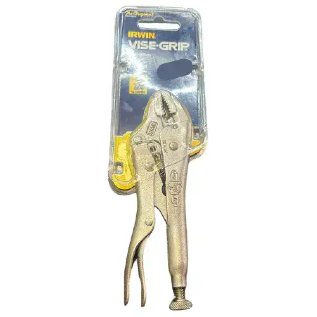 צבת נעילה Irwin Vise-Grip כסופה באריזת הפלסטיק והקרטון המקורית שלה, ממותגת לצד שמות מובילים כמו Dewalt ו-מקיטה, עם פרטי המוצר המופיעים בבירור בחלק העליון.