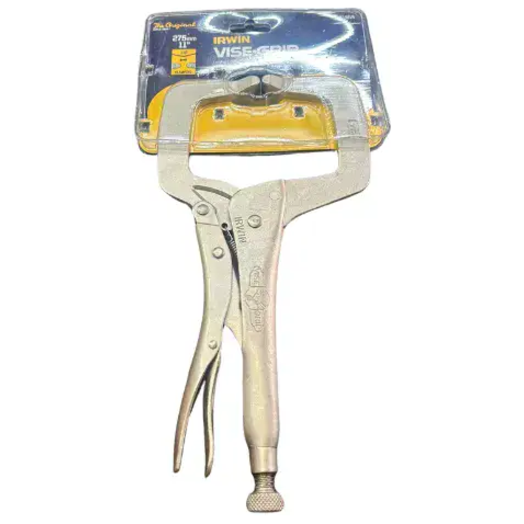 מהדק נעילה Irwin Vise-Grip מתכתי עם לסת רחבה מוצג מול אריזתו הכחולה והצהובה, מושלם לשילוב עם דיוולט כלי עבודה או כלי עבודה חשמליים איכותיים אחרים בסדנה שלכם.