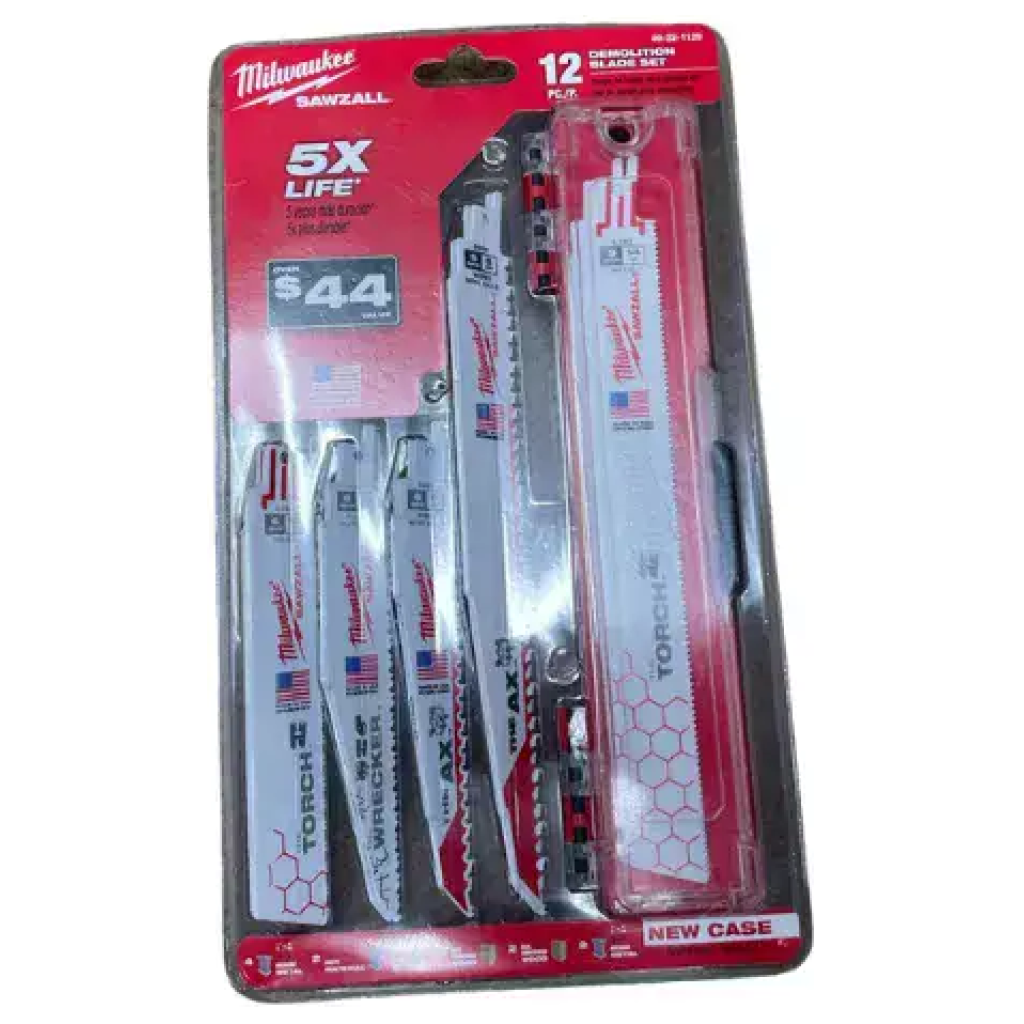 סט ארוז של להבי מסור נדידים Milwaukee Sawzall, הכולל חמישה להבי מתכת ומארז אחסון מפלסטיק, מציע חבילה משתלמת של 12 חלקים, מושלמת עבור מי שמסתמך על כלי עבודה חשמליים לצורך עמידות וביצועים.