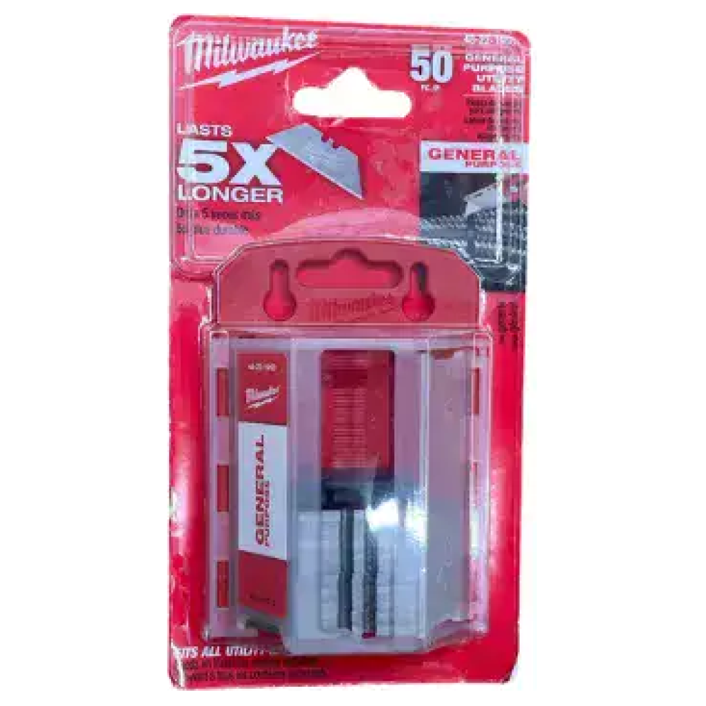 סט להבי שירות כללי של Milwaukee (מילווקי) באריזה מפלסטיק אדומה ושקופה, עם הכיתוב "Last 5X Longer" (נשמר פי 5 יותר זמן) ו-50 להבים. מיועד לעמידות ולשימוש מאומץ, מושלם למשימות תובעניות.